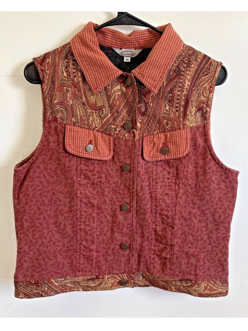 Vintage 90s Stonebridge Tapestry Vest Grandmacore Patchwork Red Multicolor M
